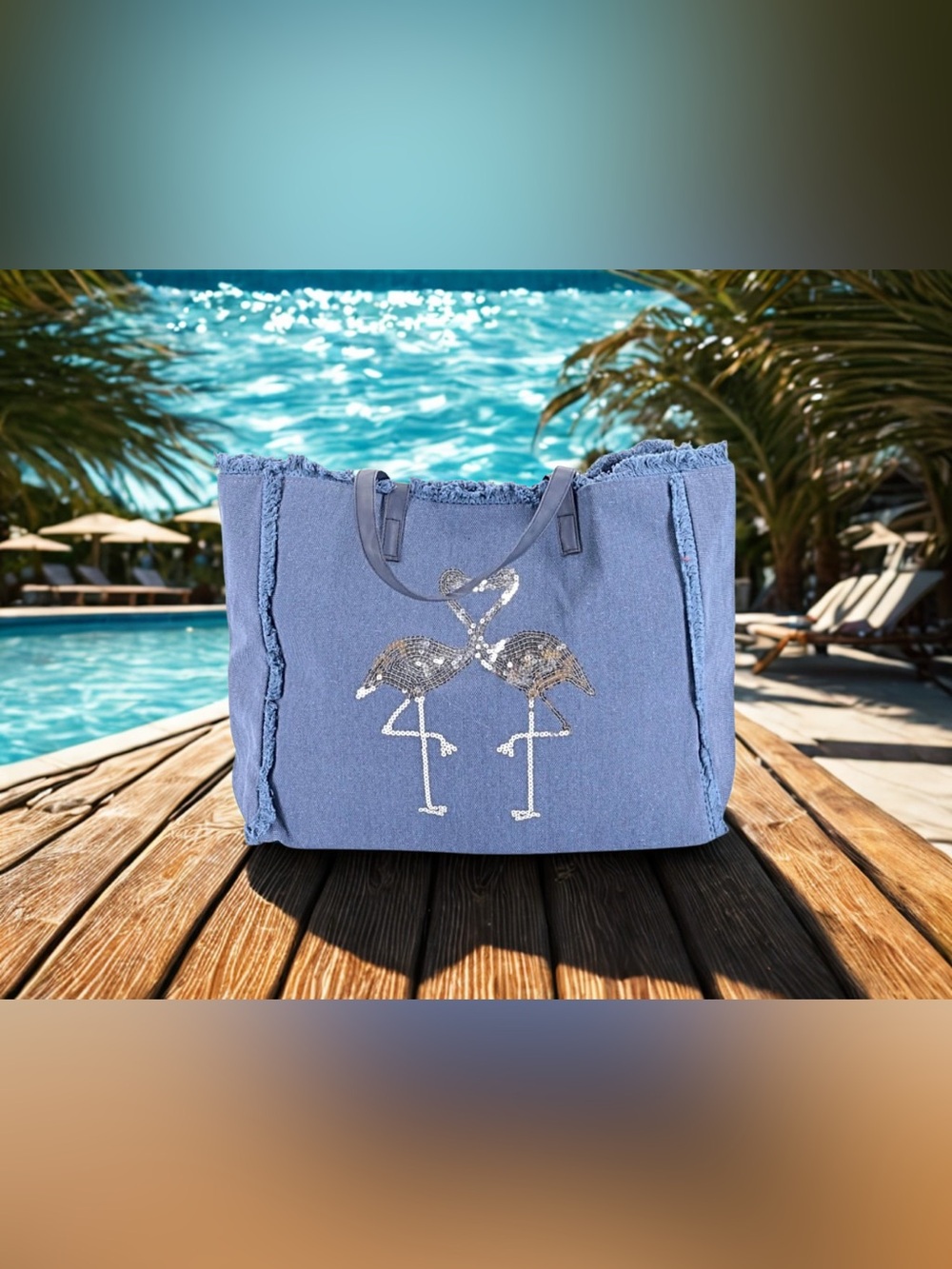 🩶🦩💙Silver Sequin Flamingo Denim Blue Canvas w/Fringe Beach Tote Bag/NWT🩶🦩💙